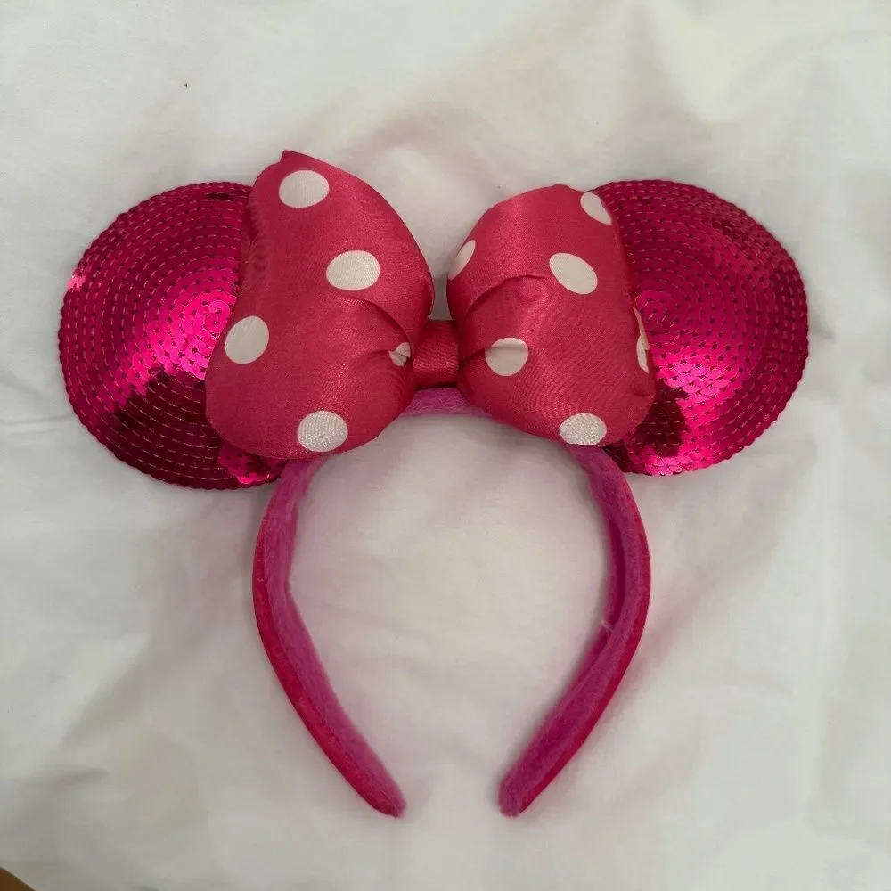 Disney Parks Minnie Mouse Ears Pink Sequin Headband Padded Polka dot Bow Bright